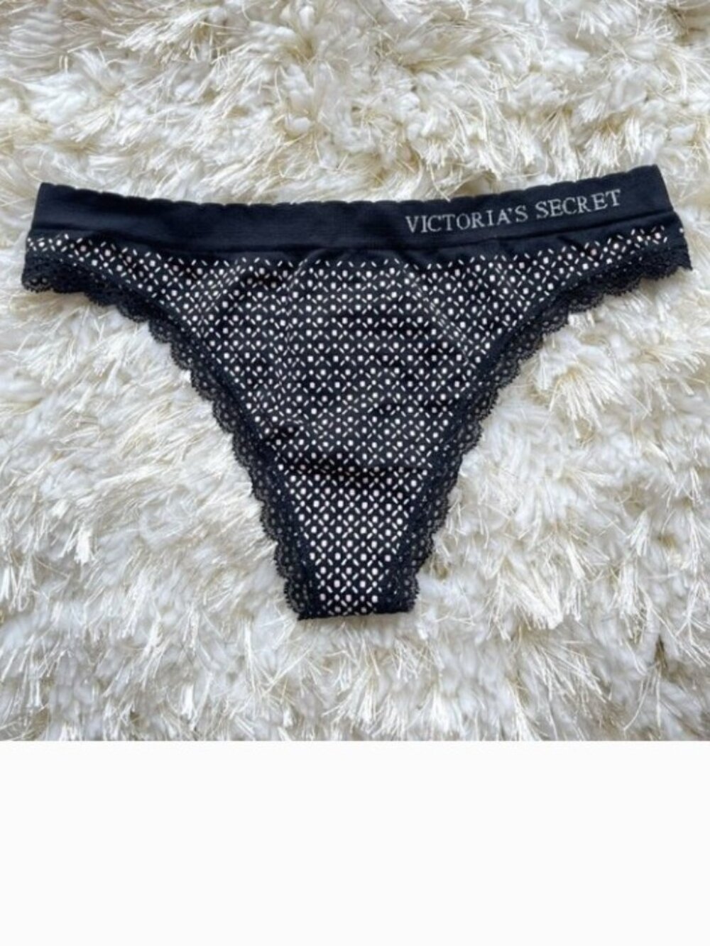 New Victoria's Secret Thong Panty Black White Pink Lace Trim Small